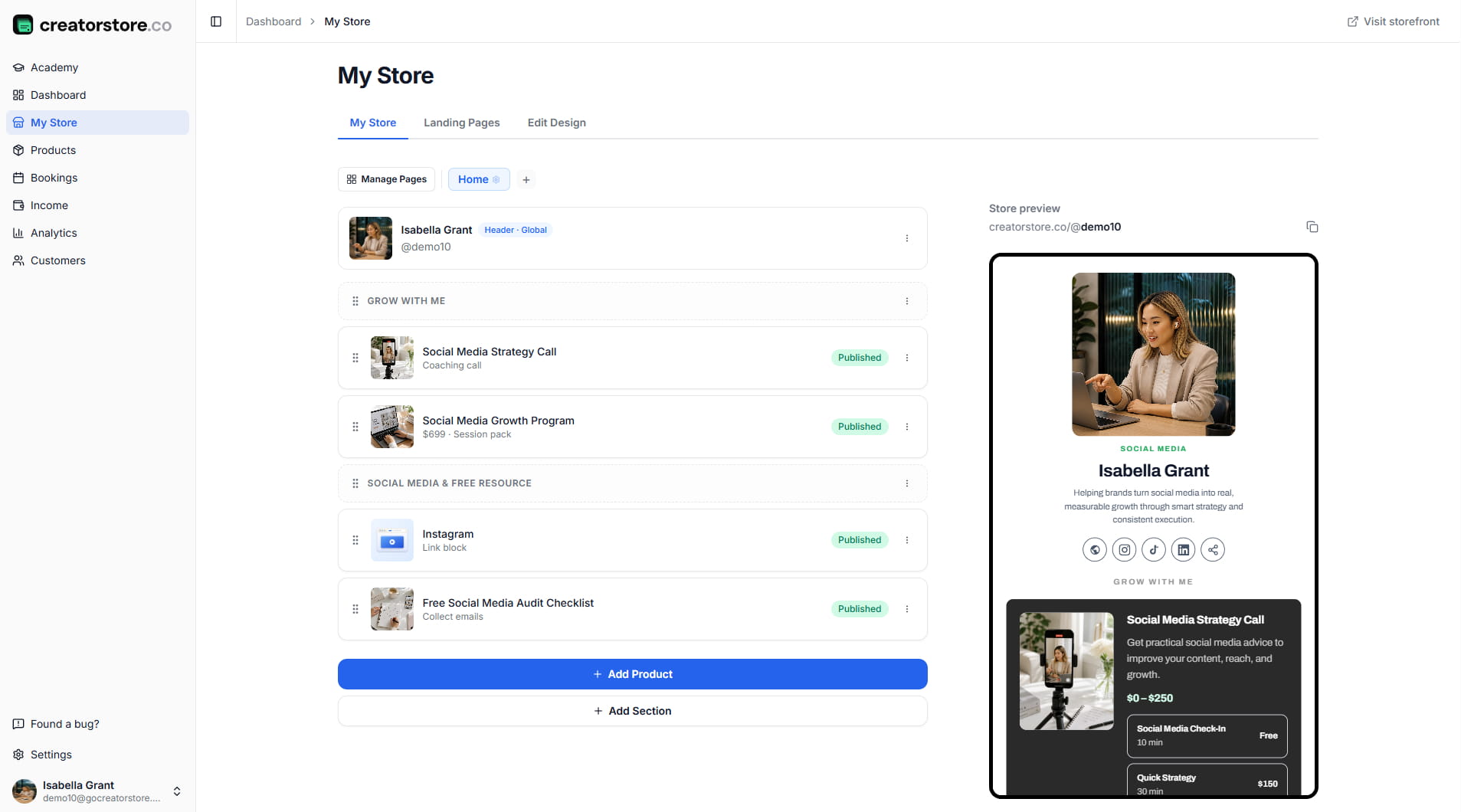 CreatorStore admin dashboard — where you build