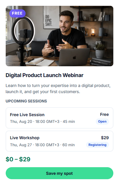 Sell webinars and live sessions online