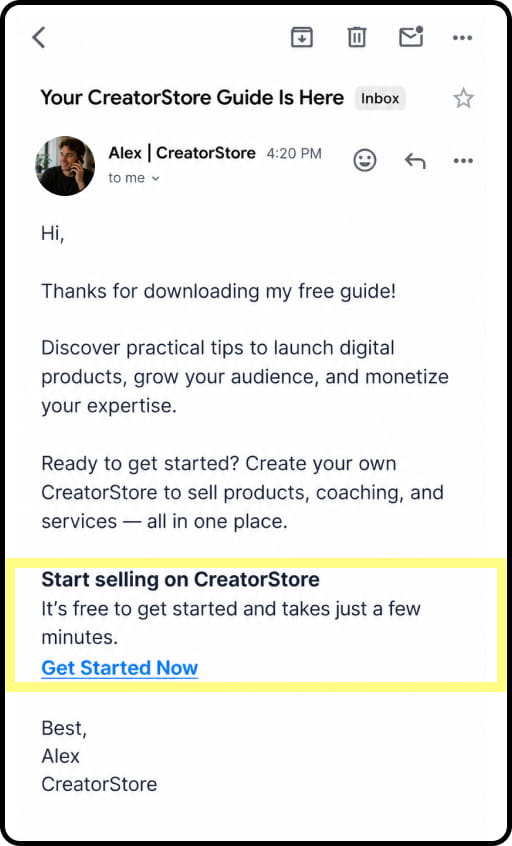 Example of a CreatorStore recommendation in an email